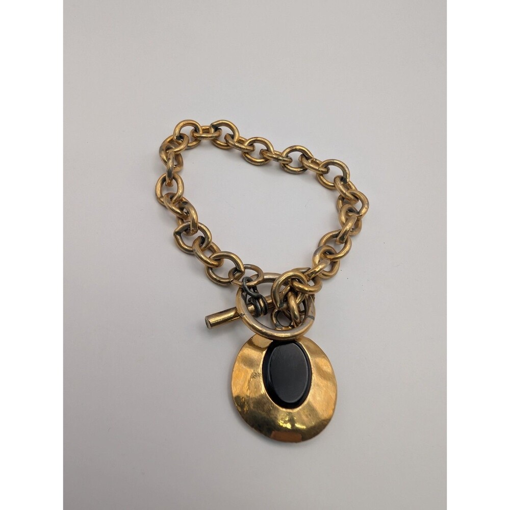 Vintage Avon Gold Tone Black Onyx Oval Charm Toggle Link Bracelet Heavy Chain